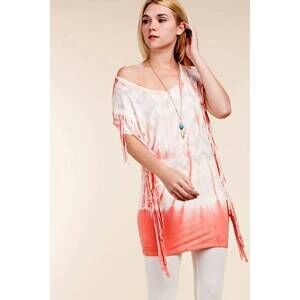 NEW VOCAL APPAREL boho fringe tie dye top with rhinestone chevron in coral